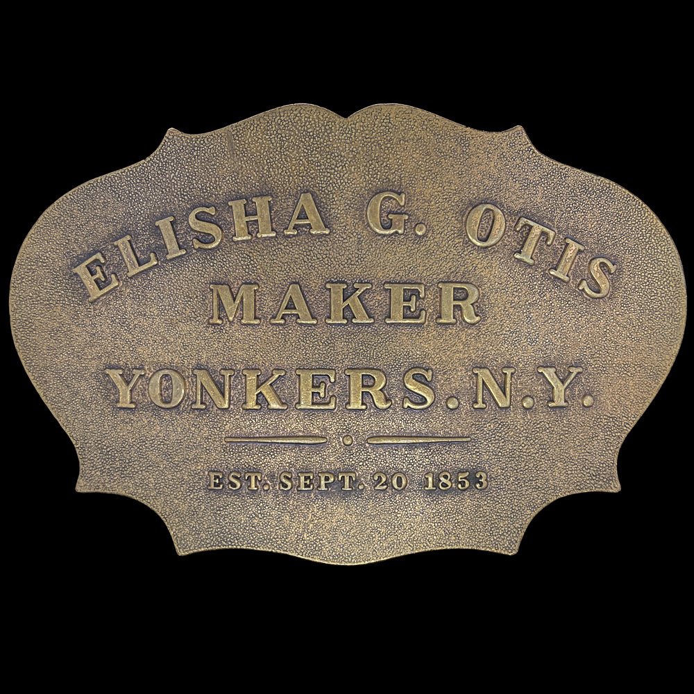 Bronze Elisha Otis Elevator Company 1970Er Jahre Vintage Gürtelschnalle Yonkers Ny New York 1853 Platte Plakette Zeichen Mitarbeiter Konstrukteur von VintageBeltBuckle