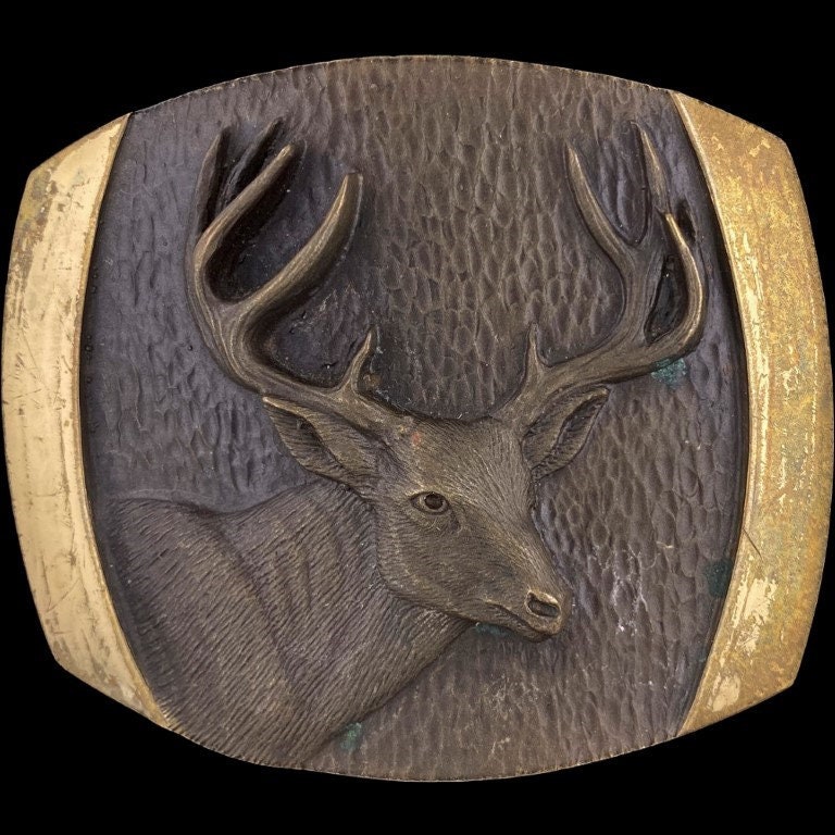 Bronze Gürtelschnalle Hirsch Jagd Jäger Western 1970Er Jahre Vintage Saison Cowboy Spiel Natur Wildtiere Sportler Brunft Geweih von VintageBeltBuckle