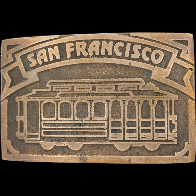 Bronze San Francisco California Street Trolley Cabochon Hippie 1970Er Jahre Vintage Gürtelschnalle Market Hyde 42 Rail Line Travel von VintageBeltBuckle