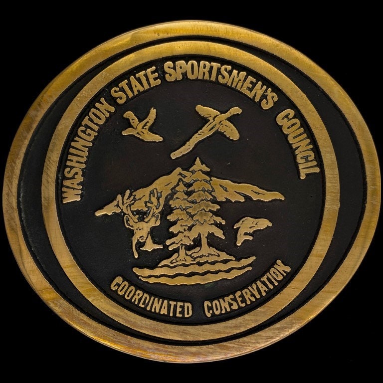 Bronze Washington Sportsman Conservation Wildlife Fish Game 1980 Nos Vintage Gürtelschnalle State Council Dwr Dnr Jäger Jagd Natur Seattle von VintageBeltBuckle