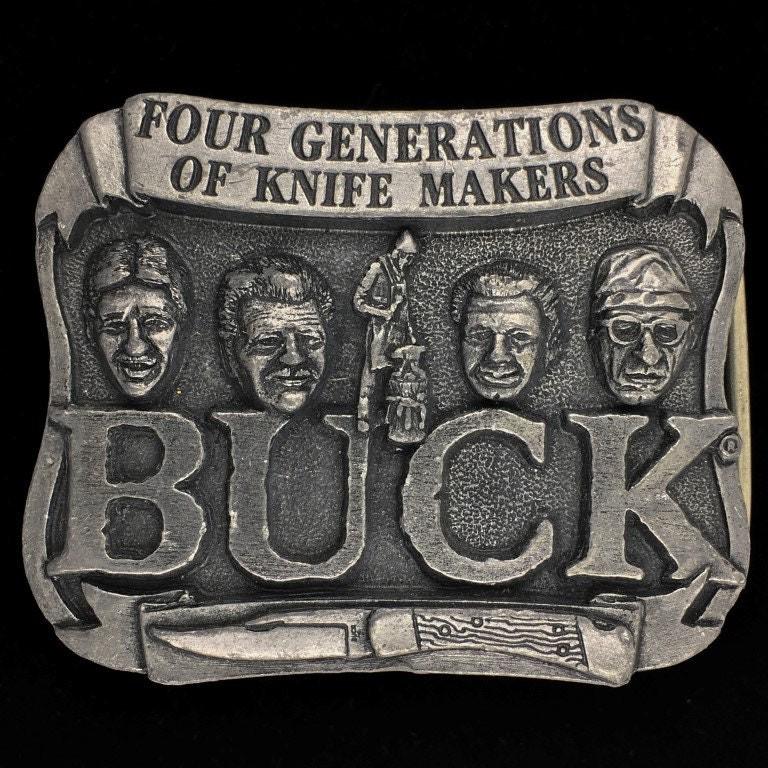 Buck Knives Vier Generationen Makers Smokey Mountain Messer Works Taschensammler Jagd Western 1980Er Jahre Vintage Gürtelschnalle von VintageBeltBuckle