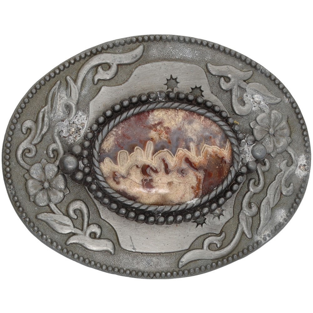 Hübsche Florale Edelstein Hippie Western Cowgirl Cowboy 1980Er Jahre Vintage Gürtelschnalle Platte Scheibe Rock Landschaft Achat Specimen von VintageBeltBuckle