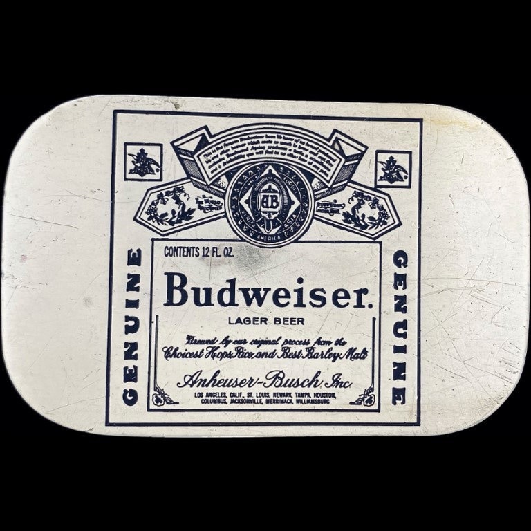 Messing Budweiser Bier Trinker Hippie Cowboy 1970Er Jahre Vintage Gürtelschnalle Lager Can Label Anheuser-Busch Western Barkeeper Club Busch von VintageBeltBuckle