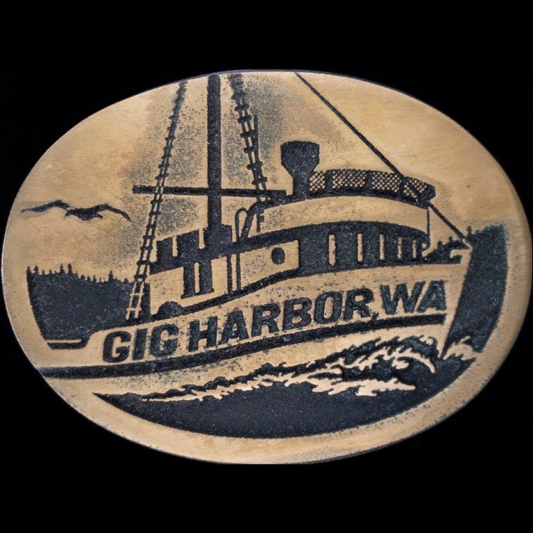 Messing Gig Hafen Washington Wa Bay Puget Sound Pierce County 1980Er Jahre Nos Vintage Gürtelschnalle Pnw Maritime Mount Rainier State City Coastal von VintageBeltBuckle