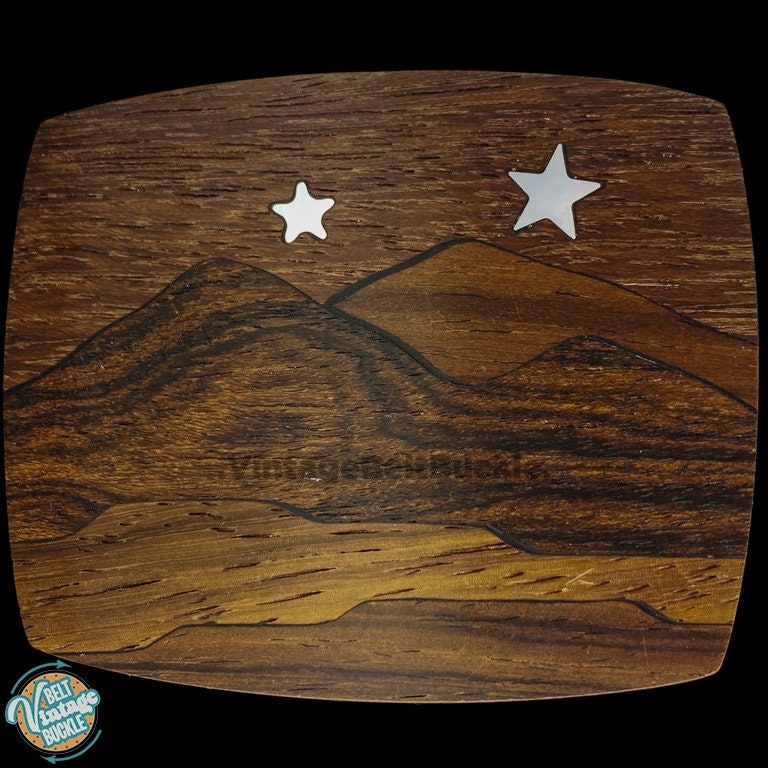 Messing Holz Stern Berg Hippie Kunst Handgefertigt Vintage Gürtelschnalle Kunstwerk Modernist Space Cosmos Sky Gazing Boho Herren Damen Schnallen von VintageBeltBuckle