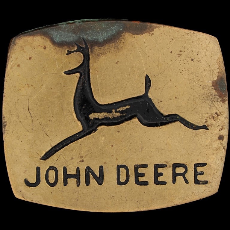 Messing John Deere Traktor Leaping Deer Ag Landwirtschaft Western 1970Er Jahre Vintage Gürtelschnalle Jd Farm Heavy Equipment Rancher Mais Sojabohne von VintageBeltBuckle