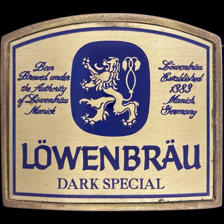 Messing Löwenbräu Bier Lion Crest Deutschland Deutsch 1970Er Jahre Vintage Gürtelschnalle Imported Special Dark Barkeeper Cowboy Hippie Biker von VintageBeltBuckle