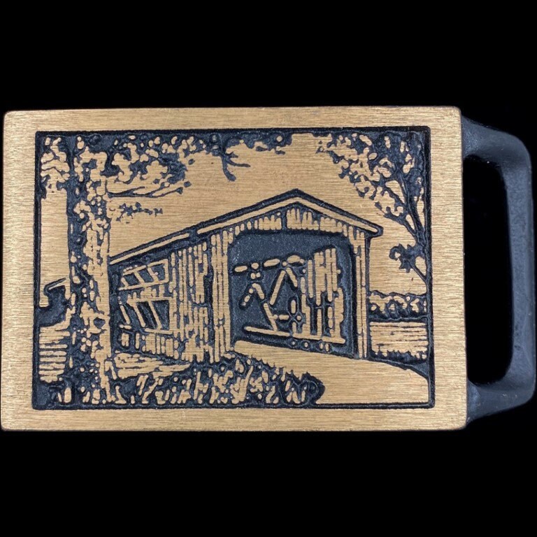 Messing Tech Ether Gilde Langley Covered Bridge Boho Hippie 1970Er Jahre Vintage Gürtelschnalle von VintageBeltBuckle