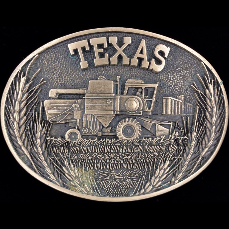 Messing Texas Weizen Farmer Produzent Mähdrescher Traktor 80Er Jahre Vintage Gürtelschnalle Header Drescher Getreide Feld Vielfalt Ernte Schneiden von VintageBeltBuckle