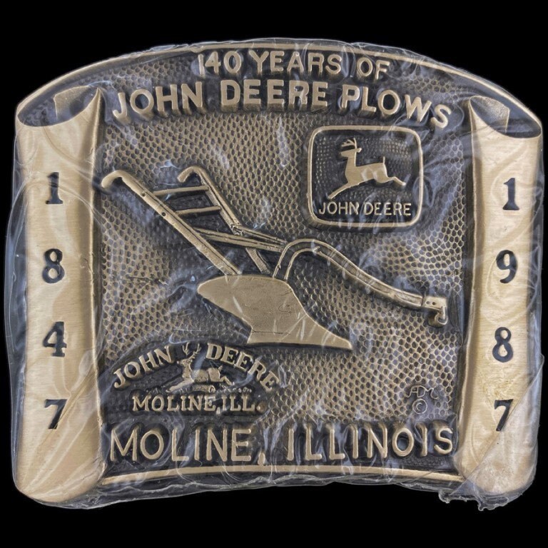 New Messing John Deere Leaping Deer Logo Traktor Pflug Farmer Nos Vintage Gürtelschnalle Landwirtschaft Western Jd Farm Heavy Feed Seed Waterloo in von VintageBeltBuckle