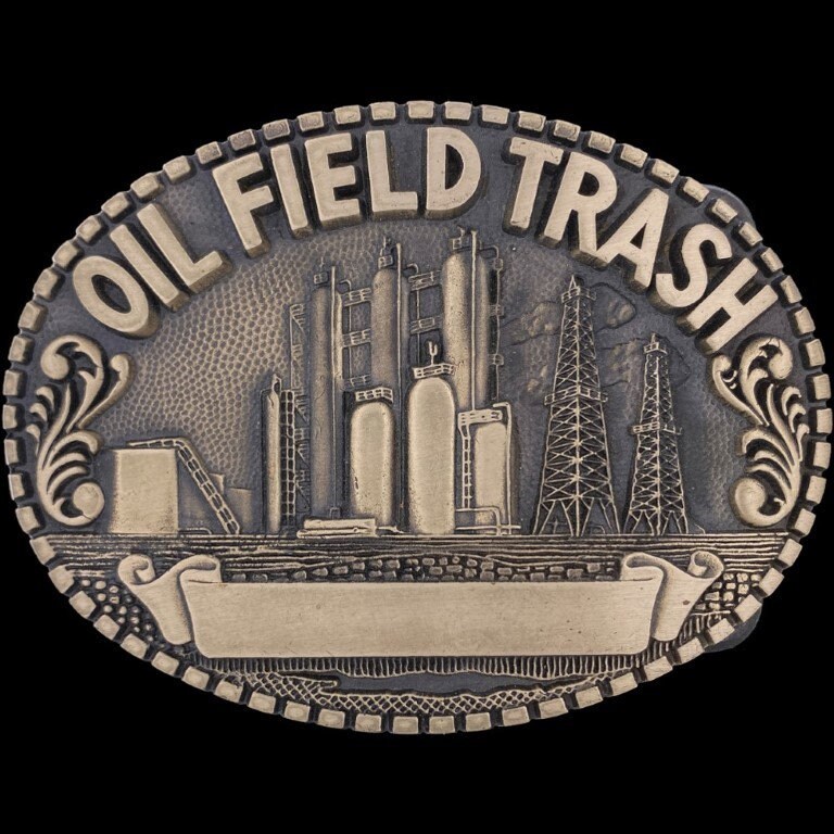 Ölfeld Trash Roughneck Ölcrew Bohren 1980Er Jahre Nos Vintage Gürtelschnalle Intl Society International Gas Energie Bohrinsel Derrick-Platform von VintageBeltBuckle