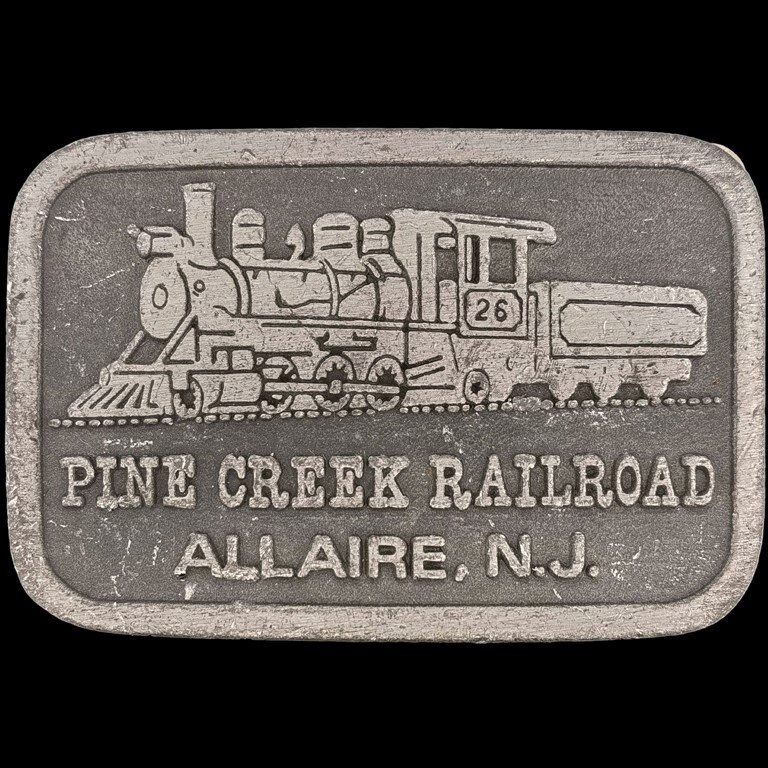 Pine Creek Railroad Dampfmaschine Lokomotive Zug Schiene 1980Er Jahre Vintage Gürtelschnalle New Jersey Museum Transport Reisen Allaire von VintageBeltBuckle