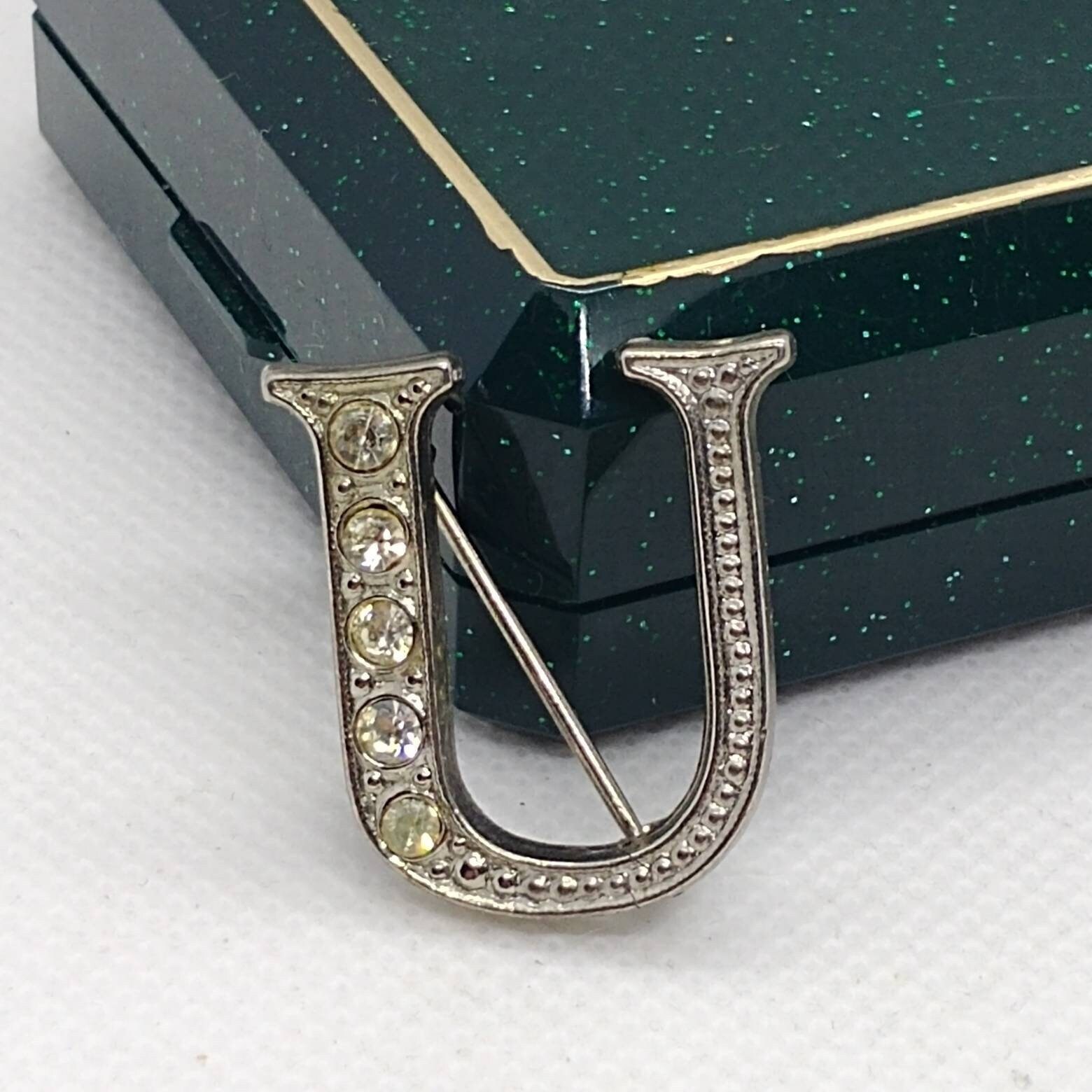 Vintage Brosche/Anstecknadel Monogramm U Silberfarben Mit Strass von VintageBijouStore