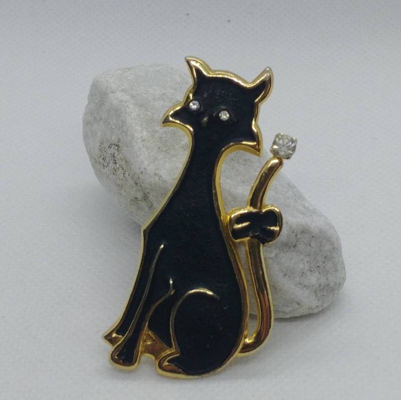 Vintage Fanny Cat Brosche Mit Schwarzer Emaille von VintageBijouStore