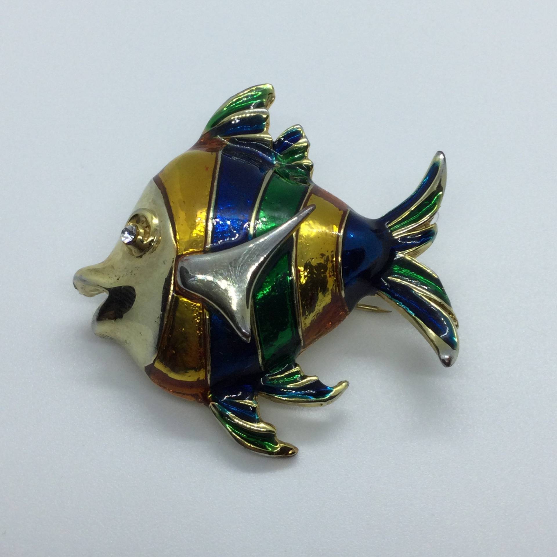 Vintage Fisch Brosche Rot, Blau, Grün Emaille Mit Kristall von VintageBijouStore