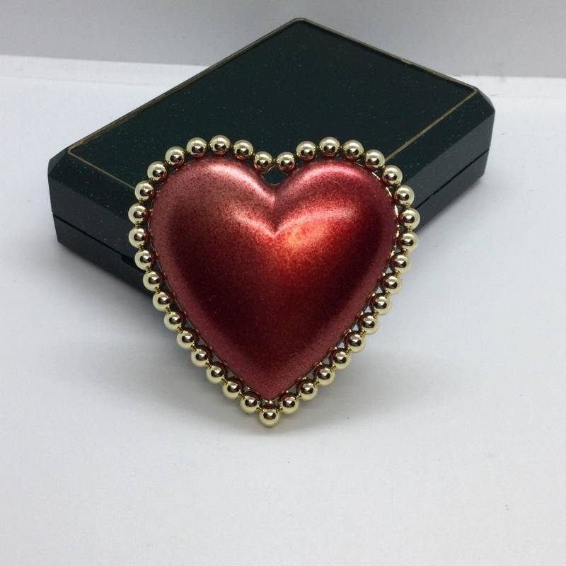 Vintage Gold Herz Brosche Mit Roter Emaille von VintageBijouStore