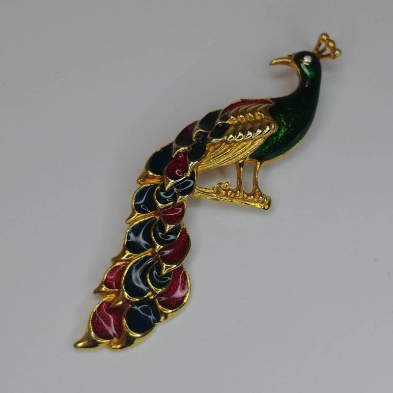 Vintage Gold Ton Pfau Brosche Mit Schwarz Roter Emaille, Große von VintageBijouStore