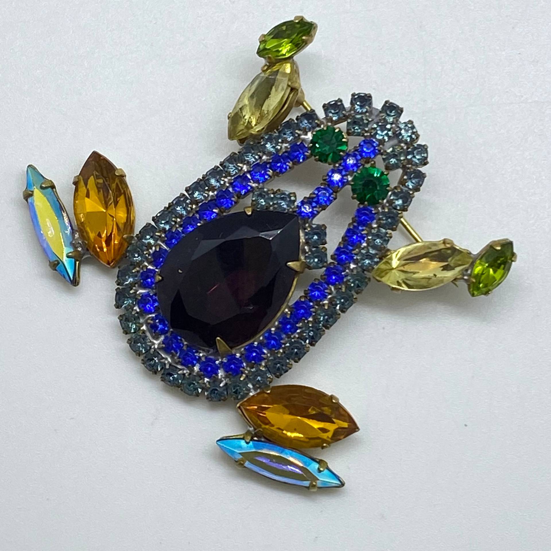 Vintage Große Frosch Brosche Goldfarben Mit Farbigen Strasssteinen von VintageBijouStore