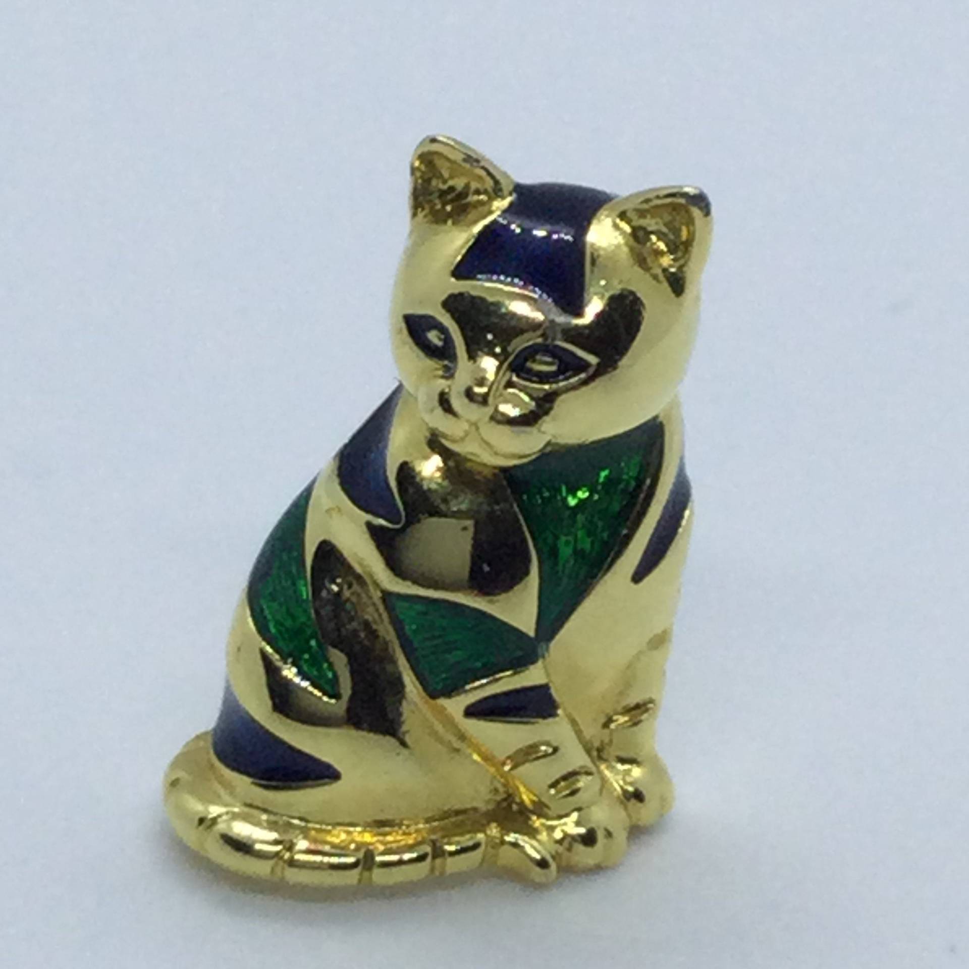 Vintage Katzen Brosche Goldfarben Mit Grüner Emaille von VintageBijouStore