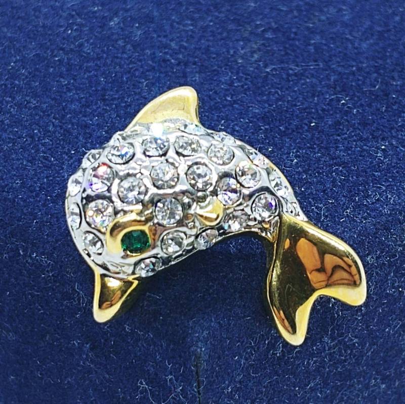 Vintage Kristall Delfin Anstecknadel Goldfarbene Fisch Brosche von VintageBijouStore