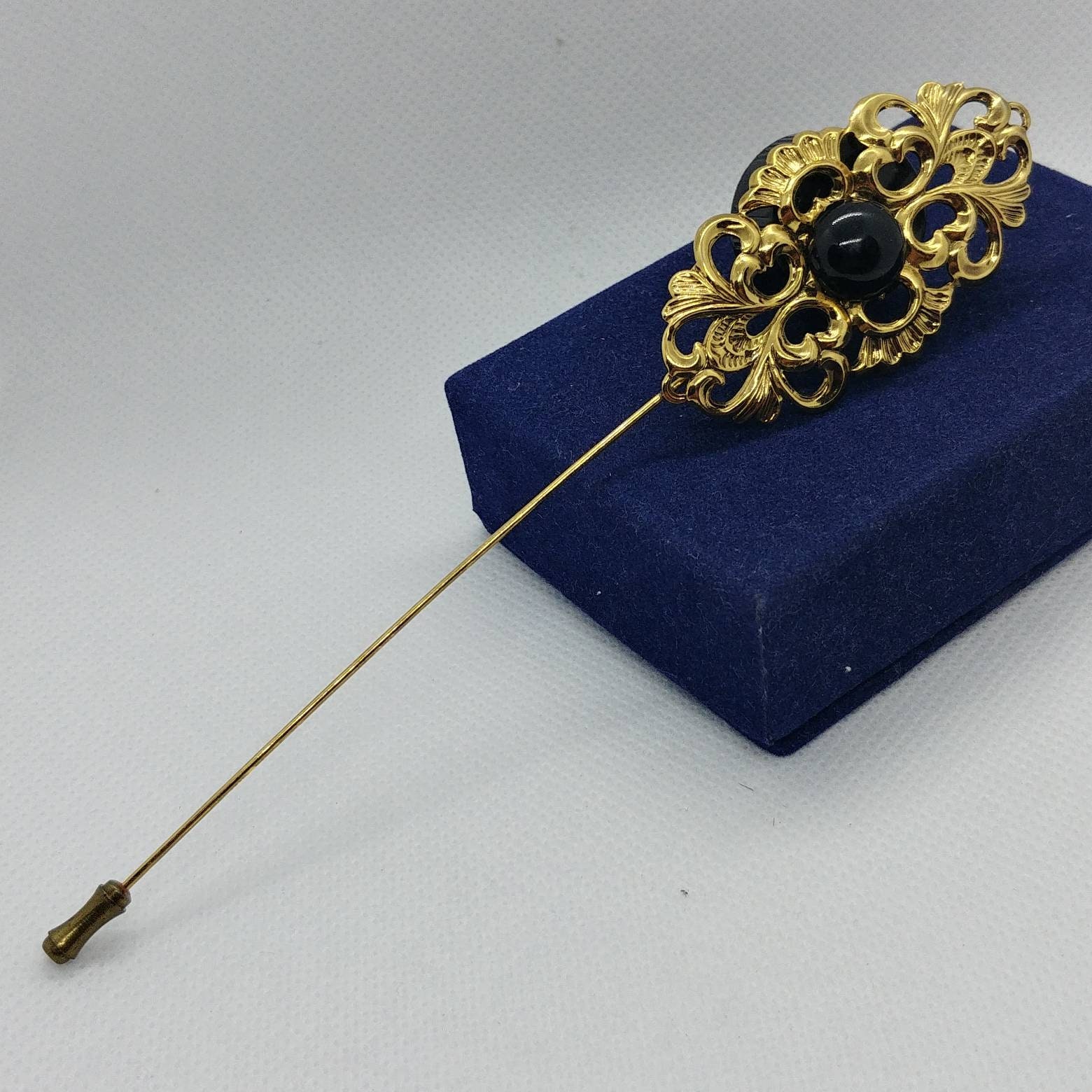 Vintage Nadel Große Brosche/Anstecknadel Fellegree Ton Mit Schwarzem Stein/ Cabochon von VintageBijouStore