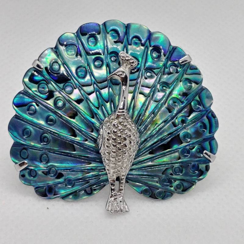 Vintage Pfau Vogel Abalon Brosche Silber Ton von VintageBijouStore