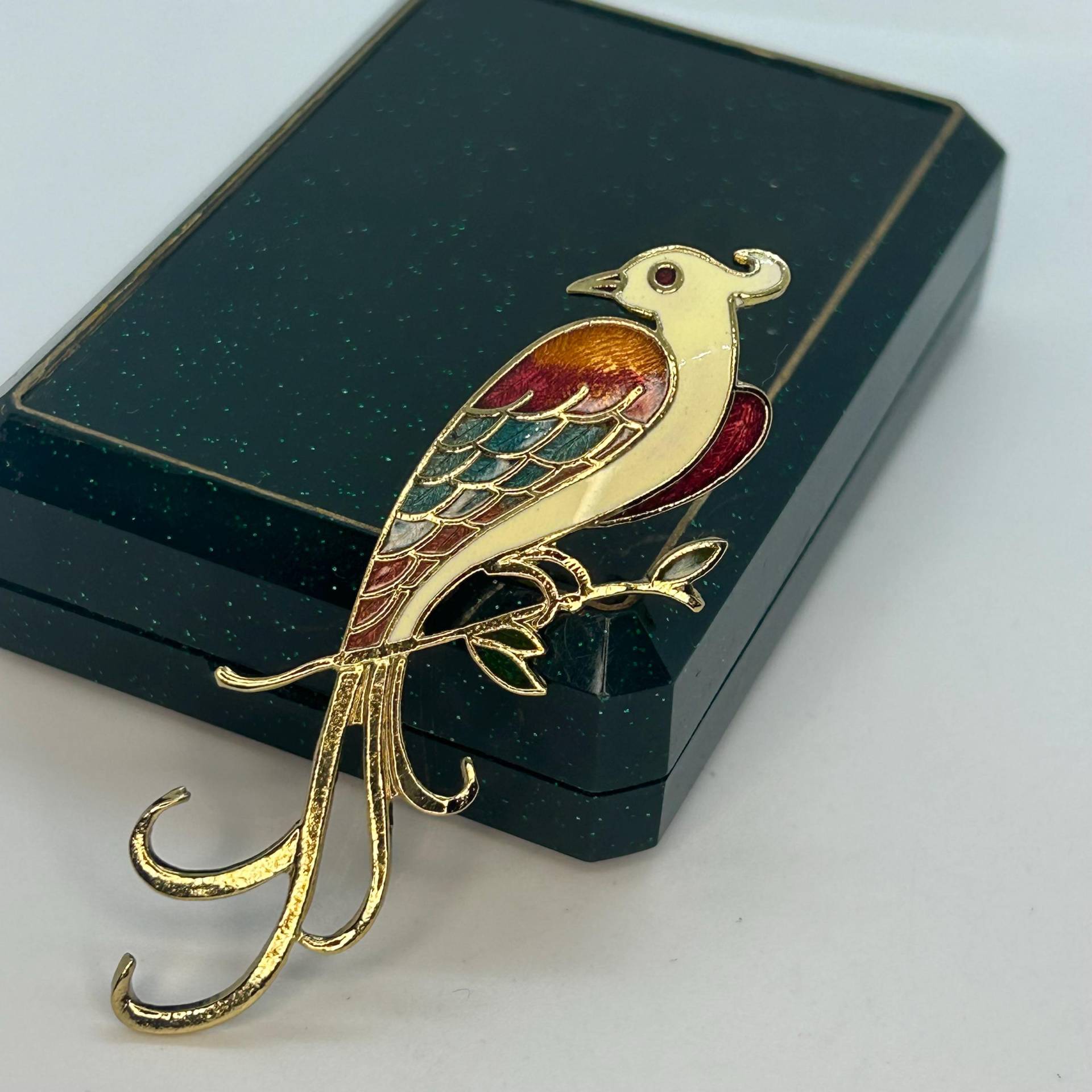 Vintage Pfau Vogel Brosche Mit Farbigem Emaille, Cloisonné von VintageBijouStore