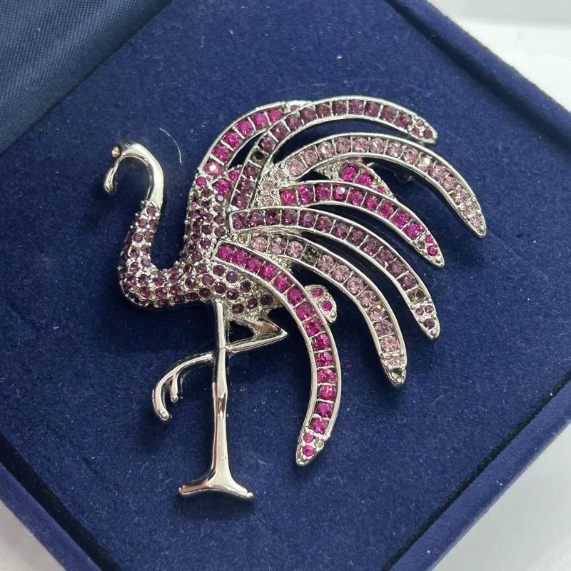 Vintage Vogel, Flamingo, Straus Brosche Silber Ton Mit Rot, Rosa Kristallen von VintageBijouStore