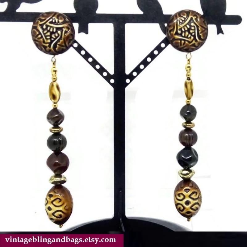 12 cm Große Ungetragene 1980Er Jahre Boho Hängeohrringe, Vintage Statement Ohrringe, Ohrringe von VintageBlingAndBags