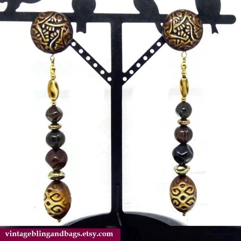 12 cm Große Ungetragene 1980Er Jahre Boho Hängeohrringe, Vintage Statement Ohrringe, Ohrringe von VintageBlingAndBags
