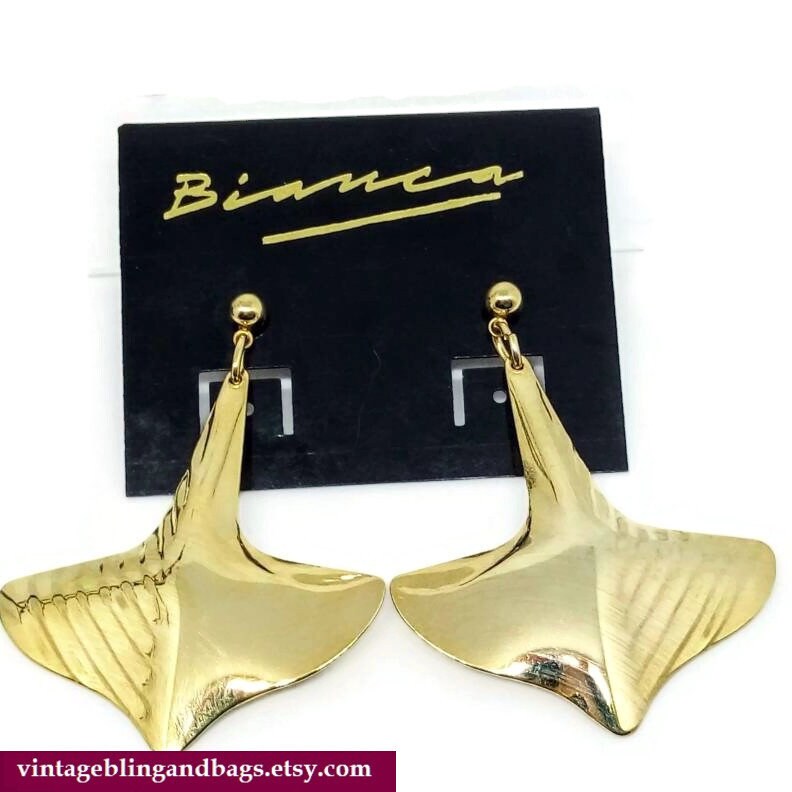 50 X 38 Mm Ungetragen 1980Er Jahre Axtkopf Ohrringe, Ohrhänger, Retro Gold Vintage Statement Ohrring, Ohrringe von VintageBlingAndBags