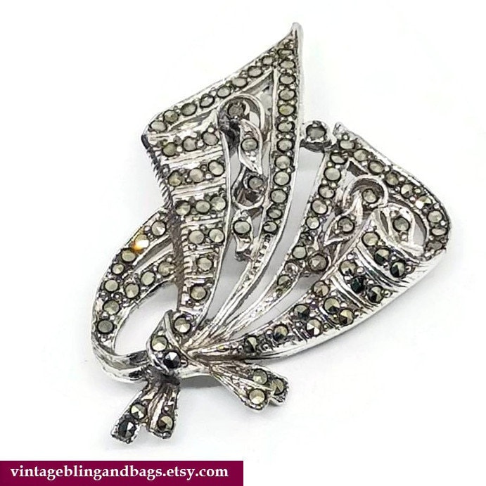 51x34mm 1930Er Jahre Vintage Markasit Pin, Art Deco Brosche, Marcasite Schmuck, Hochzeit Pin von VintageBlingAndBags