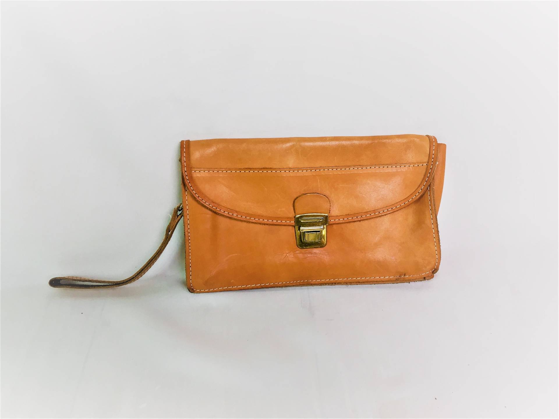Vintage 80Er Jahre Leder Handgelenk-Clutch Sandbraune Herren-Handtasche von VintageButikGita