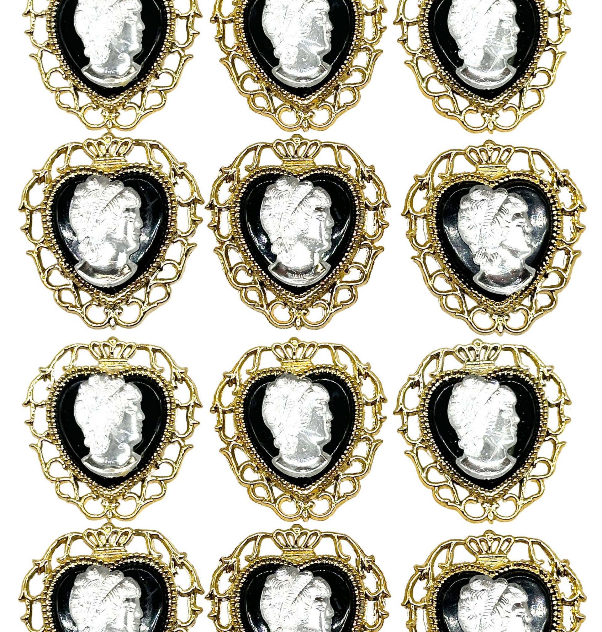 Vintage Gold Cameo Buttons Schwarz & Kristall Brosche Style, 6Er Set von VintageButtonStore