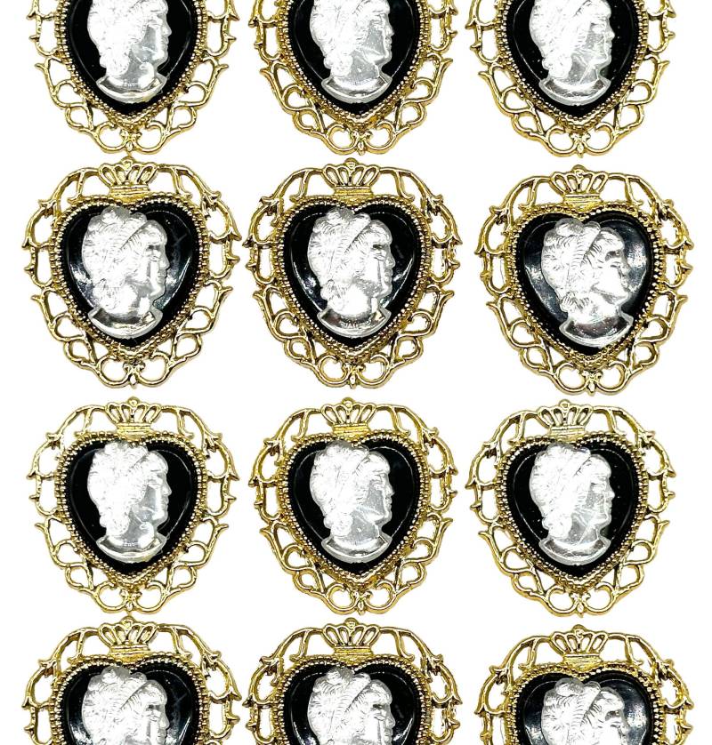 Vintage Gold Cameo Buttons Schwarz & Kristall Brosche Style, 6Er Set von VintageButtonStore
