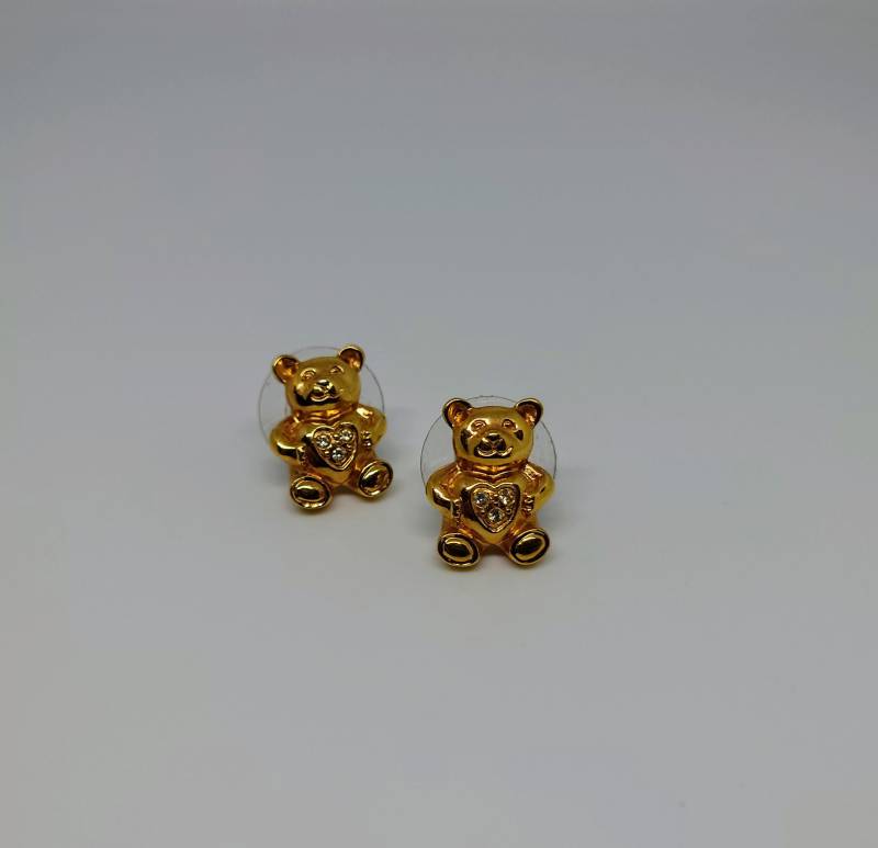 Gold Ohrringe Teddybär Ton Emaille Modeschmuck Schmuck Diamant Strass Pin Metall von VintageByThomas