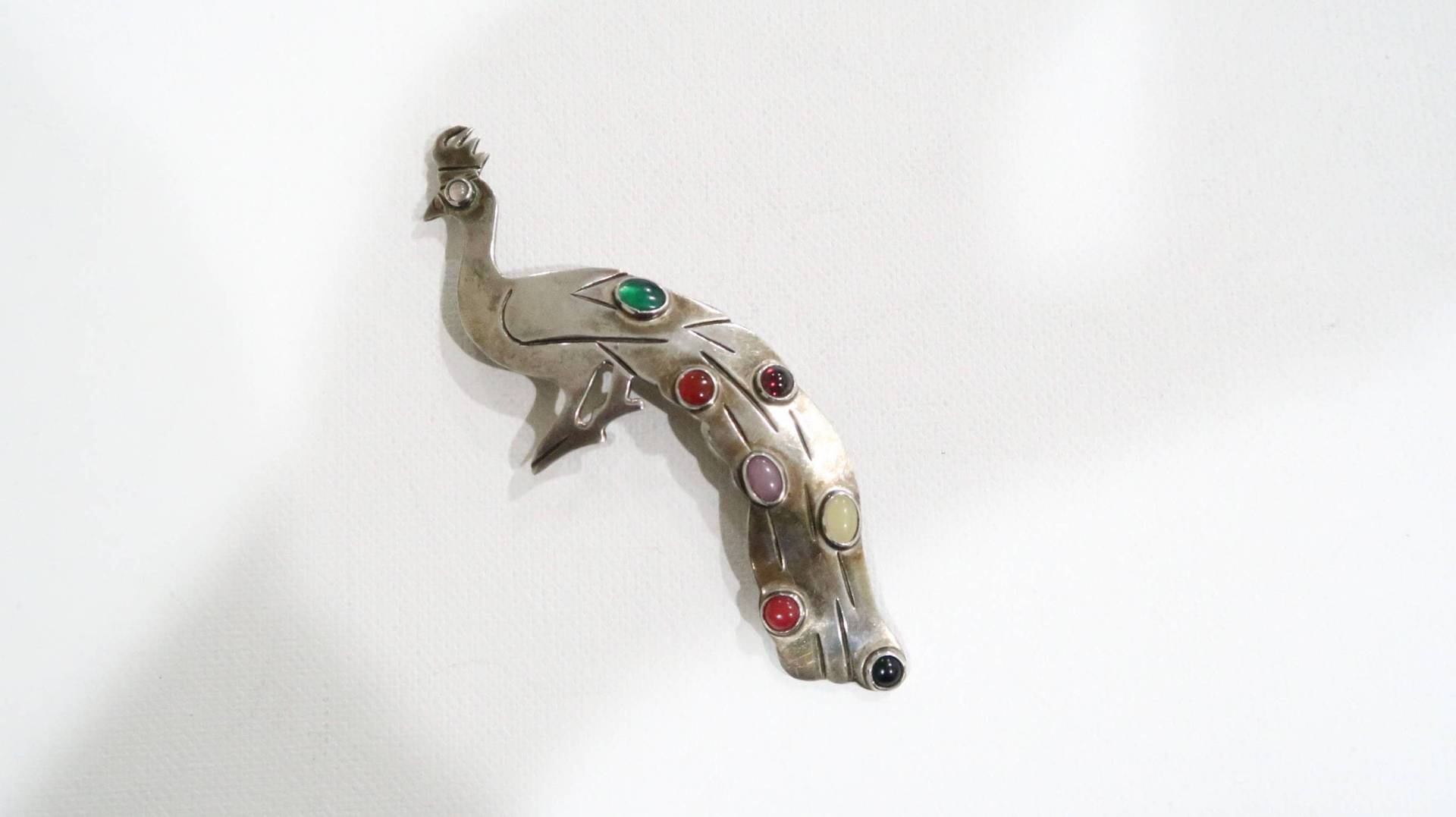Große Taxco Sterling Pfau Brosche Mit Edelsteinen Große Taxco Sterling Pfau Brosche Mit Edelsteinen von VintageByTrader