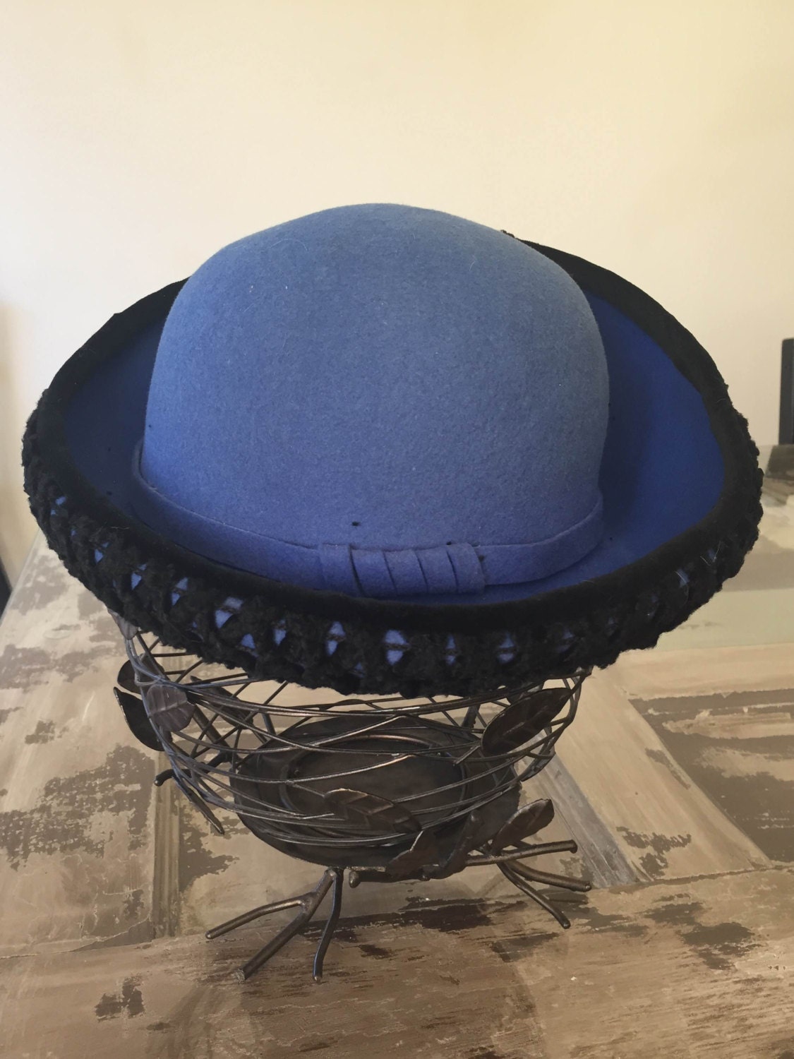 Vintage Vtg Oscar De La Renta Kobaltblauen Wolle Filz Hut Schwarz Häkeln Stil Felge 50S 60S 70S Glamourösen Fabelhafte Prim Richtige Sammler von VintageCactusCloset