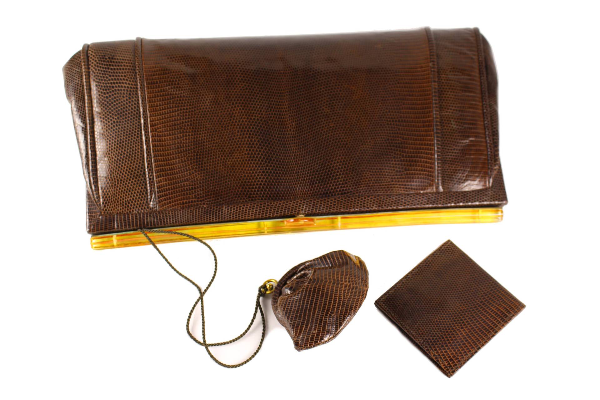 Vintage Braune Eidechsenleder Clutch Mit Lucite Rahmen von VintageCarwen