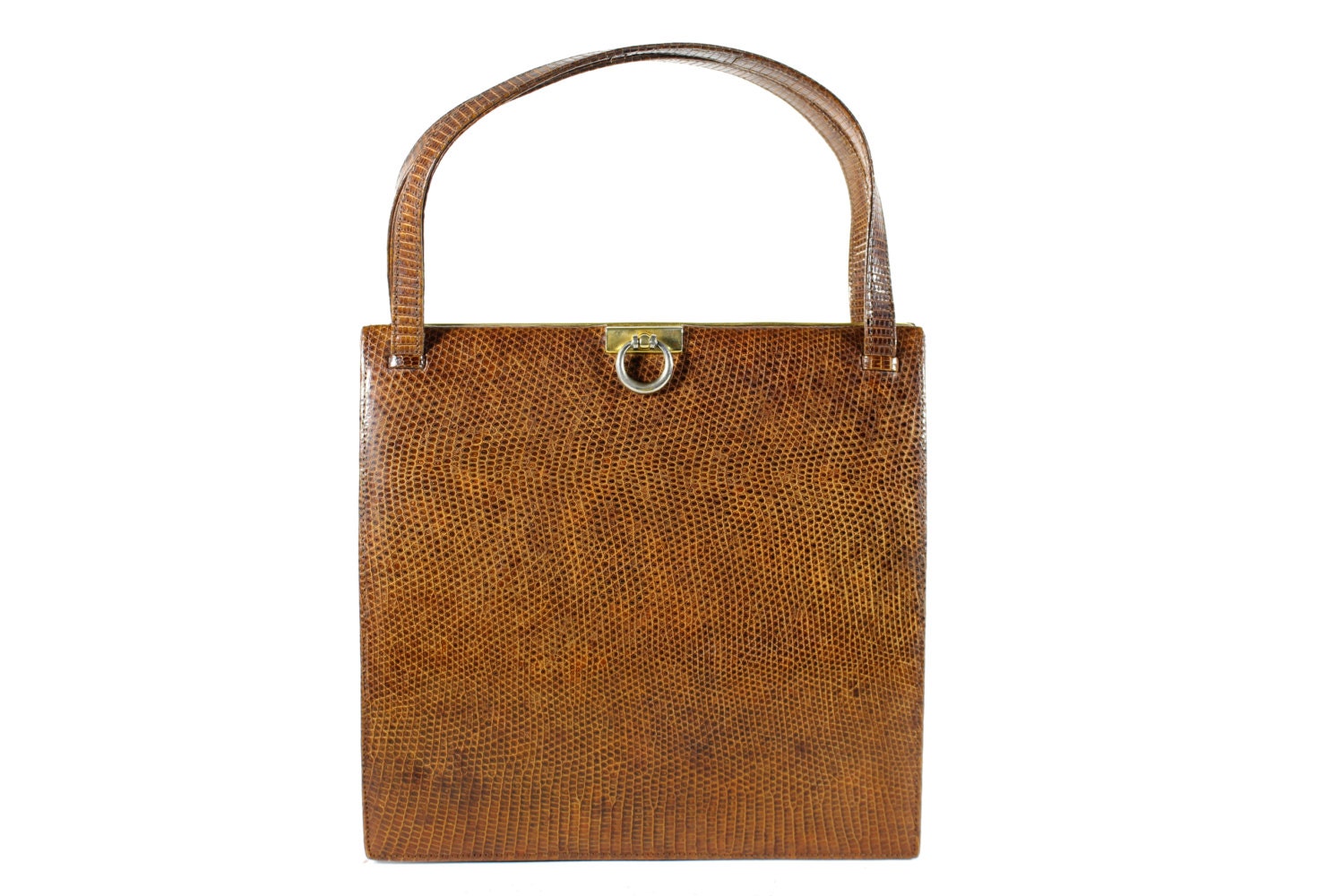 Vintage Eidechsenrahmen Handtasche in Cognac Farbe Und Doppeltem Griff von VintageCarwen