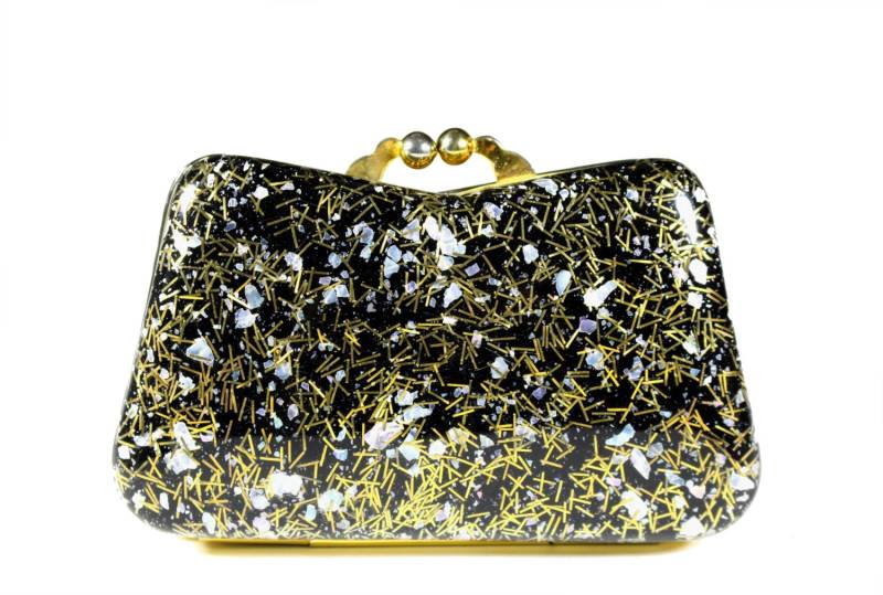 Vintage Kleine Lucite Confetti Metallic Goldrahmen Handtasche von VintageCarwen