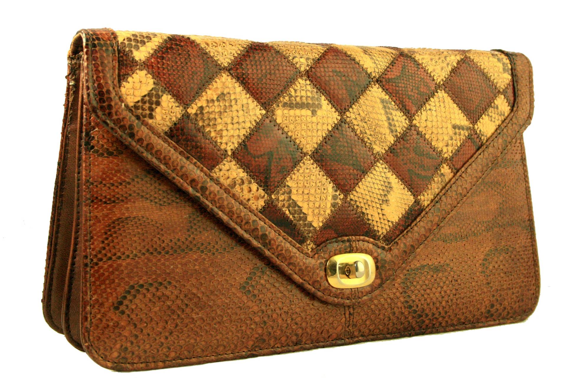 Vintage Schlangenleder Schachbrett Patchwork Gold Handtasche von VintageCarwen