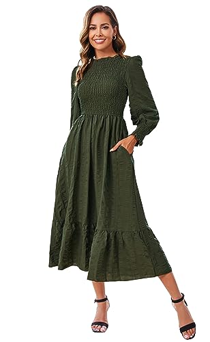 VintageClothing Damen 2023 Casual Herbst Midi Kleider Langarm Rundhalsausschnitt gesmoktes fließendes gestuftes langes Kleid mit Taschen, Army Grün, Mittel von VintageClothing