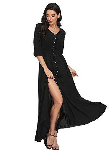 VintageClothing Damen Blumen Maxikleider mit Ärmeln Flowy Boho Strandkleid, Style B-schwarz, X-Groß von VintageClothing