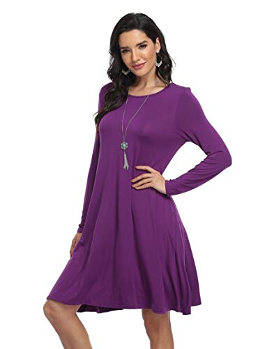 VintageClothing Damen Casual T-Shirt Kleider Lose Langarm Swing Kleid mit Taschen - Violett - Mittel von VintageClothing