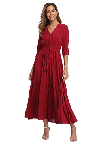 VintageClothing Damen Floral Maxikleider mit Ärmeln Flowy Boho Strandkleid - Rot - XX-Large von VintageClothing