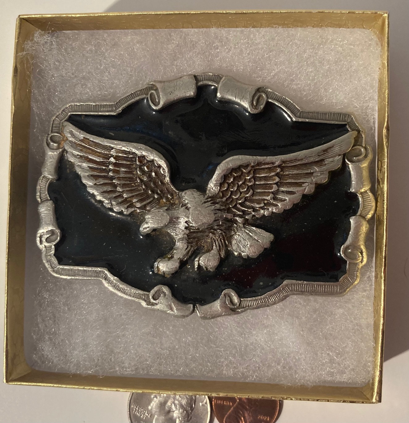 Vintage 1983 Metall Gürtelschnalle, American Bald Eagle, Schwarze Emaille, 3 1/4" X 2 1/4", Heavy Duty, Qualität, Dickes Metall, Made in Usa, Für von VintageCopperAndMore