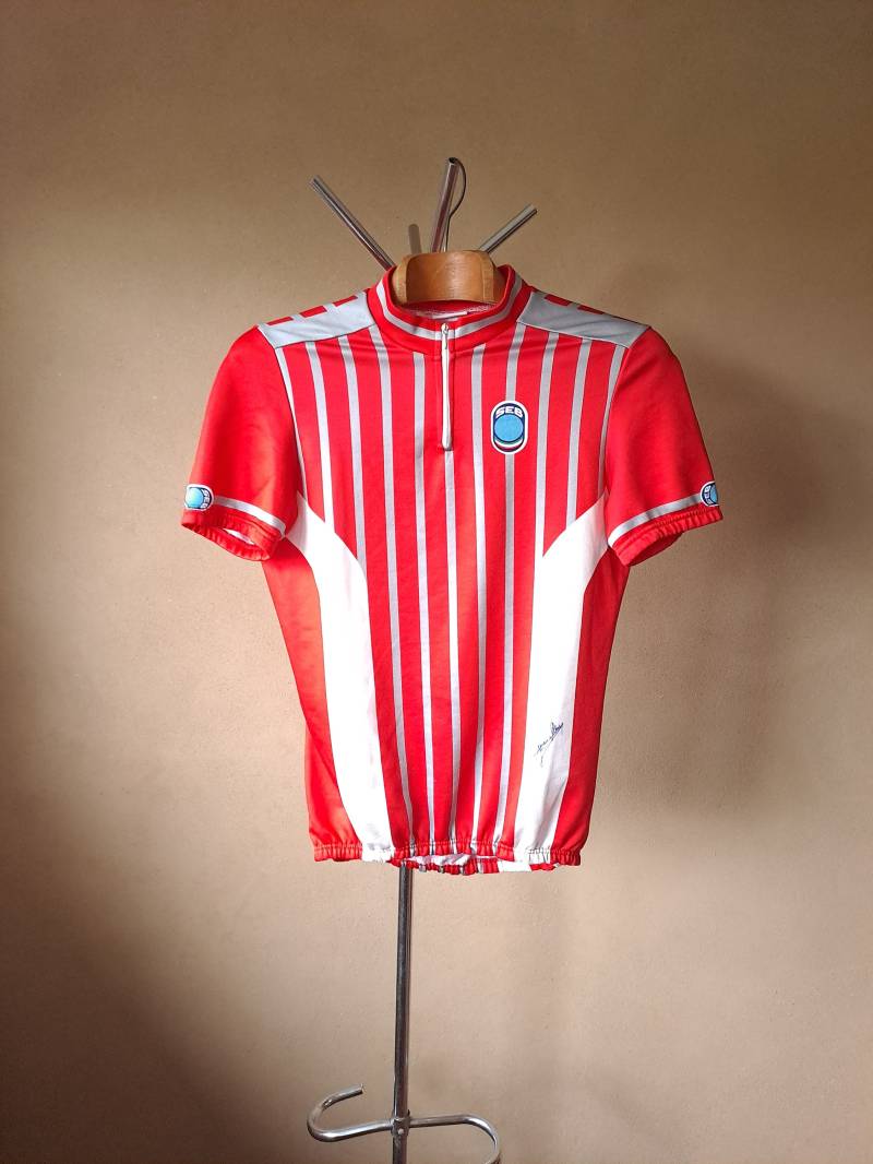Vintage 90Er Francesco Moser Radtrikot, Rot Gestreift, Made in Italy, Größe L von VintageCycling