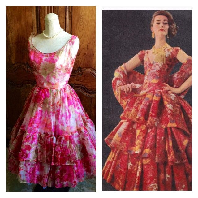 1950Er Jahre Partykleid Rosen Vintage 50Er Rot Rosa Kleid Blumen Chiffon Sommer Party Voller Rock Rüschen Brautjungfer 1950Er Jahre Partykleid Rosen Vintage 50Er Rot Rosa Kleid Blumen Chiffon Sommer Party Voller Rock Rüschen Brautjungfer von VintageDressUpStore