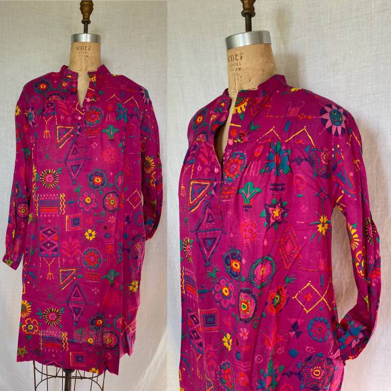 Ken Scott Vintage Kaftan Aus Baumwolle Fuchsia Floral Muu Muu, Size 10 von VintageDrifter
